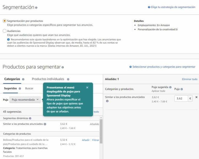 Pujas sugeridas en Amazon Advertising